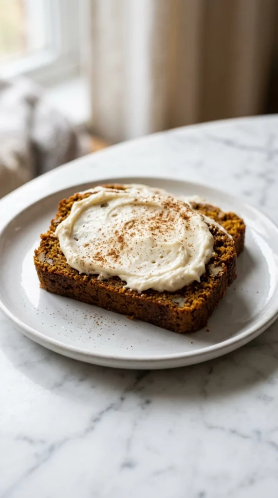 Pumpkin bread slice with whipped cream cheese spread
