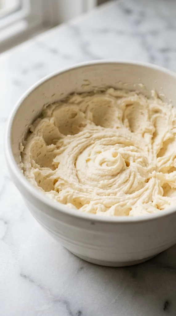 Side-angle close-up of creamed butter and sugar showing soft, airy peaks
