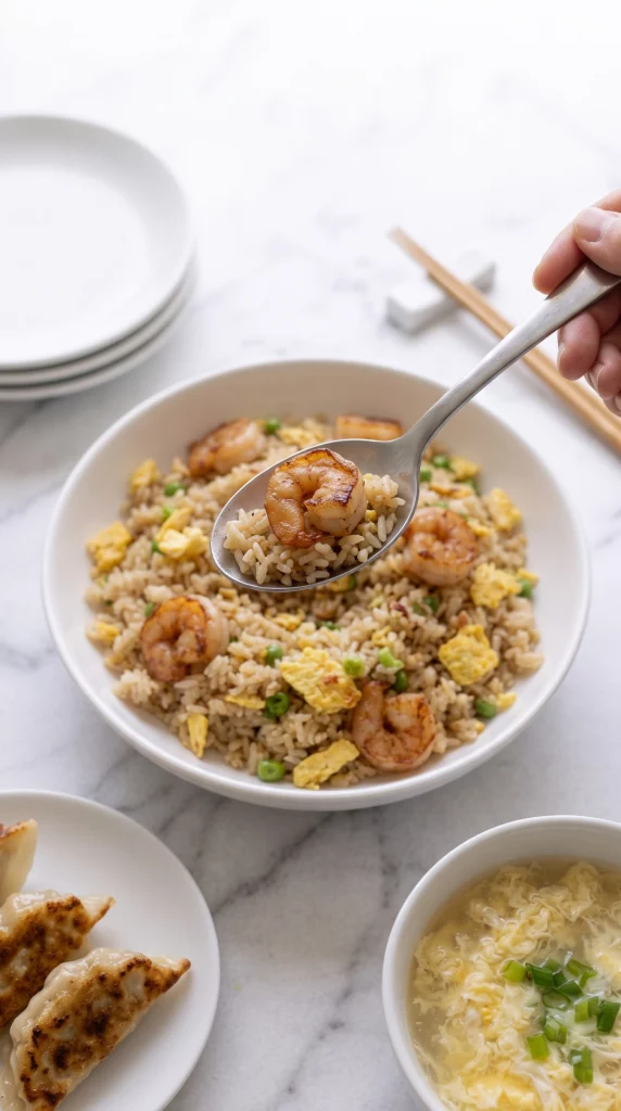 Overhead table setting with fried rice, dumplings, and soup