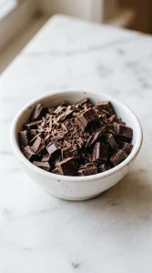 Finely chopped dark chocolate in a white bowl