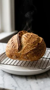 Freshly baked golden bread loaf cooling on a wire rack
