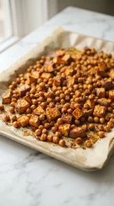 Sweet potato and chickpeas roasting on a baking sheet