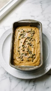 Pumpkin bread batter poured into loaf pan before baking