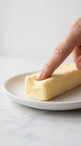 Finger pressing into a stick of softened room-temperature butter